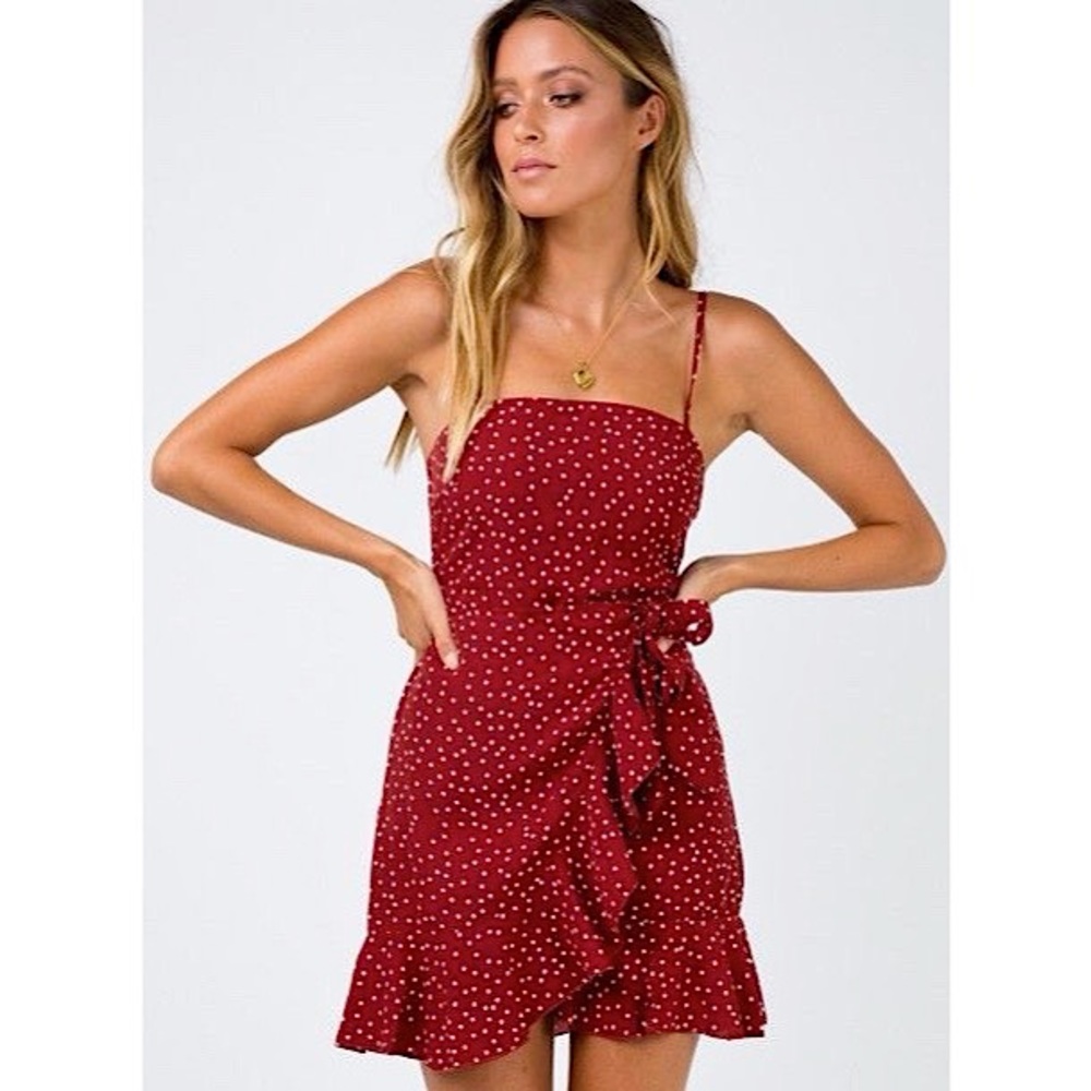 Princess Polly Deep Red Caesura Polka Dot Mini Dress